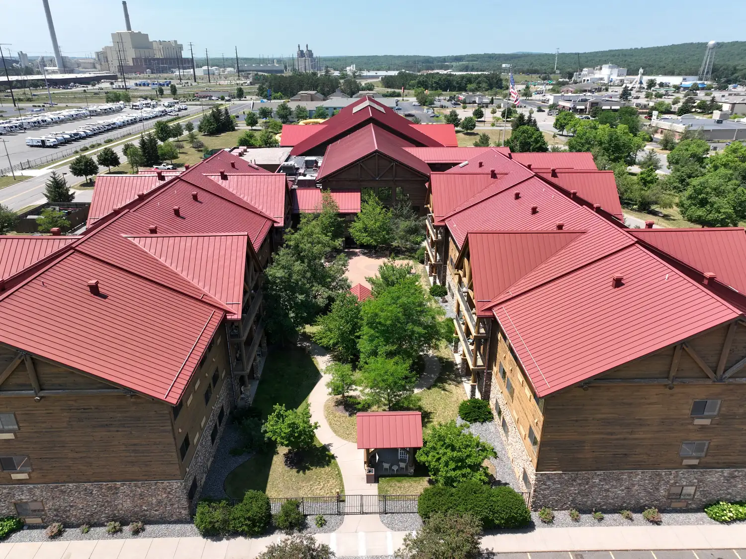 Aerial view of the lodge and courtyard